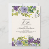 85歳の誕生日おめでとう Purple Floral Green Leaves 招待状 (正面)