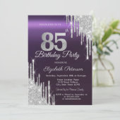 85歳の誕生日お祝いシルバーグリッターダークパープル 招待状 (スタンド正面)