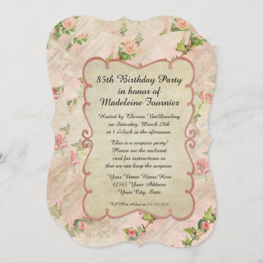 85歳の誕生日パーティのスクロールフレーム(ヴィンテージバラ) 招待状 (正面/裏面)