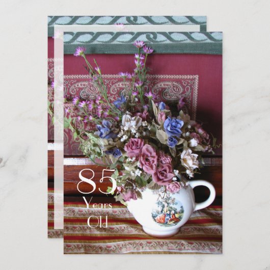 85歳の誕生日パーティー招待状 ヴィンテージ ティーポット 招待状 (正面/裏面)