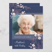 85歳の誕生日パーティー招待状 青いコーラル フラワー 招待状 (正面/裏面)