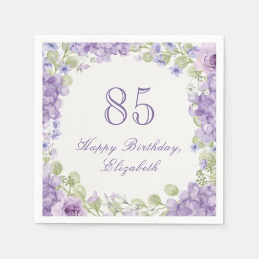 85歳の誕生日パーティー用ナプキン 高級感のある紫の花 スタンダードカクテルナプキン (正面)