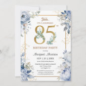 85歳の誕生日パーティー エレガントなダスティーブルーの花 招待状 (正面)