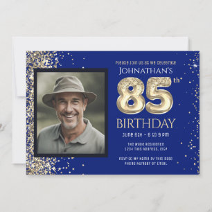 85歳の誕生日パーティー ゴールドグリッター ブルーフォト招待状 招待状