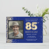 85歳の誕生日パーティー ゴールドグリッター ブルーフォト招待状 招待状 (スタンド正面)
