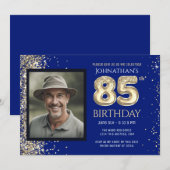 85歳の誕生日パーティー ゴールドグリッター ブルーフォト招待状 招待状 (正面/裏面)