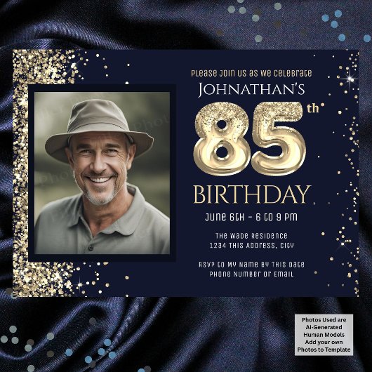 85歳の誕生日パーティー ゴールドラメ ブルー 写真 招待状