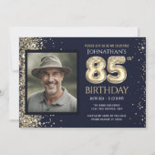 85歳の誕生日パーティー ゴールドラメ ブルー 写真 招待状 (正面)