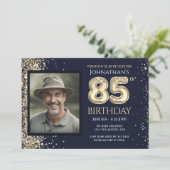 85歳の誕生日パーティー ゴールドラメ ブルー 写真 招待状 (スタンド正面)