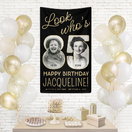 85歳の誕生日パーティー ブラック＆ゴールド 2枚の写真入り 横断幕