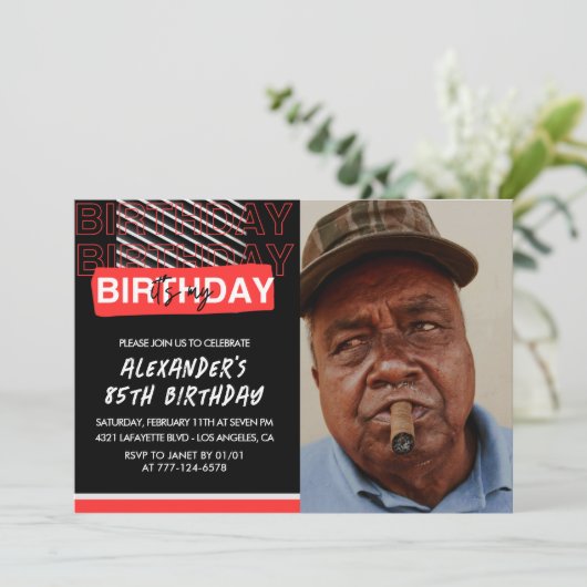 85歳の誕生日招待状メンズパーティーフォトレッド 招待状 (スタンド正面)