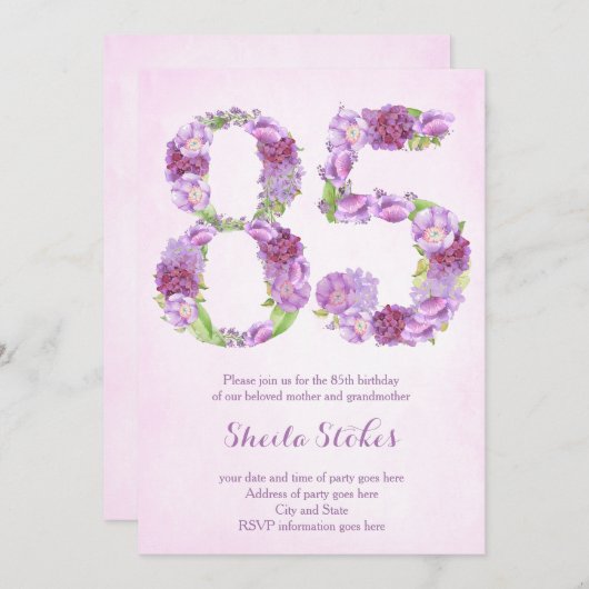 85歳の誕生日招待状（ラベンダー色） 招待状 (正面/裏面)
