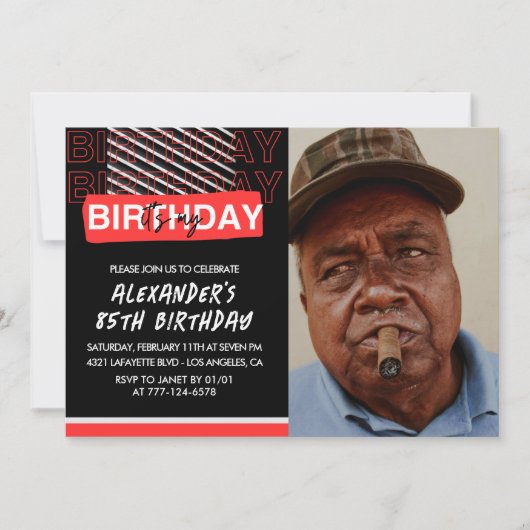 85歳の誕生日招待状 男性 パーティー 写真 赤 招待状 (正面)