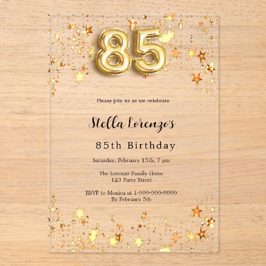 85歳の誕生日金ゴールドピンク澄ん星 アクリル招待状 (正面)