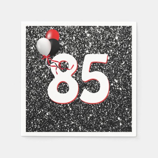 85歳の誕生日風船を飾った黒のグリッターナプキン スタンダードカクテルナプキン (正面)