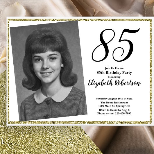 85歳の誕生日 カスタムフォト 白とゴールド 招待状