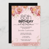 85歳の誕生日　ピンクのきらきら花柄の招待状 招待状 (正面/裏面)