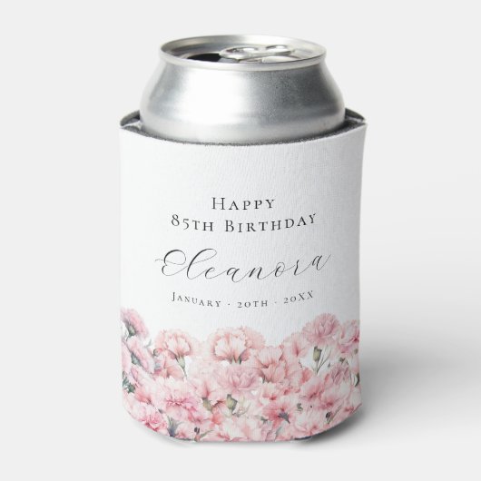 85歳の誕生日 ピンクのカーネーション 1月の誕生花 缶クーラー (缶正面)