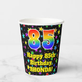 85歳の誕生日:楽しい星の模様と虹色の85 紙コップ (裏面)