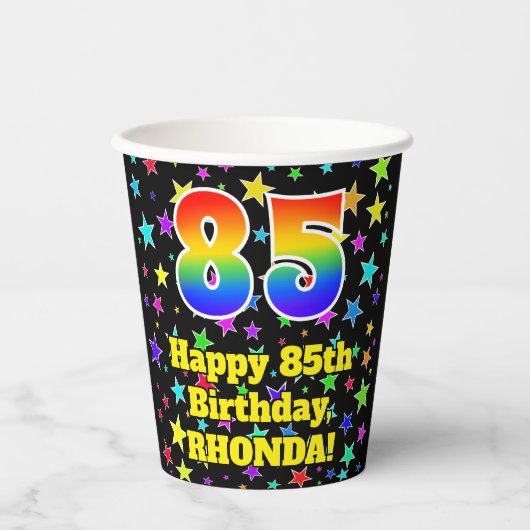 85歳の誕生日:楽しい星の模様と虹色の85 紙コップ (正面)