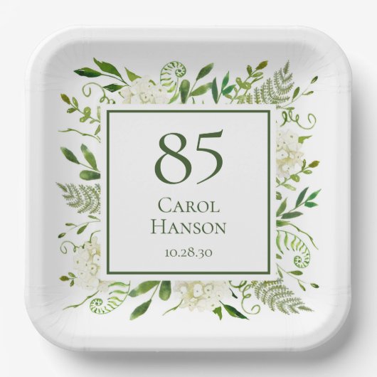 85歳の誕生日 白いアジサイ ペーパープレート (正面)