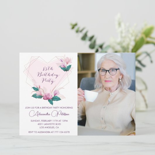 85歳エレガントの誕生日招待状フローラ写真 招待状 (スタンド正面)