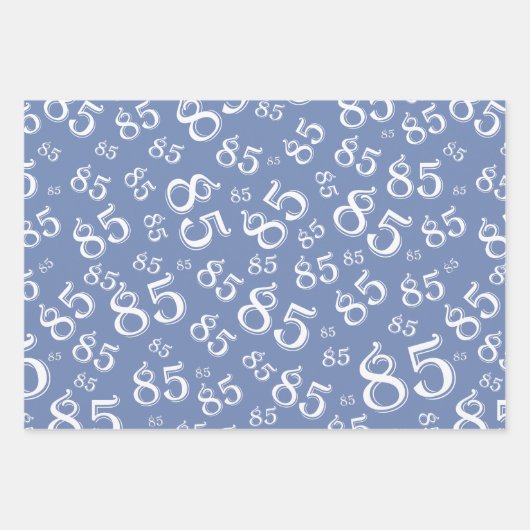 85番目のマイルストーン誕生日の青/白の番号パターン ラッピングペーパーシート (正面)