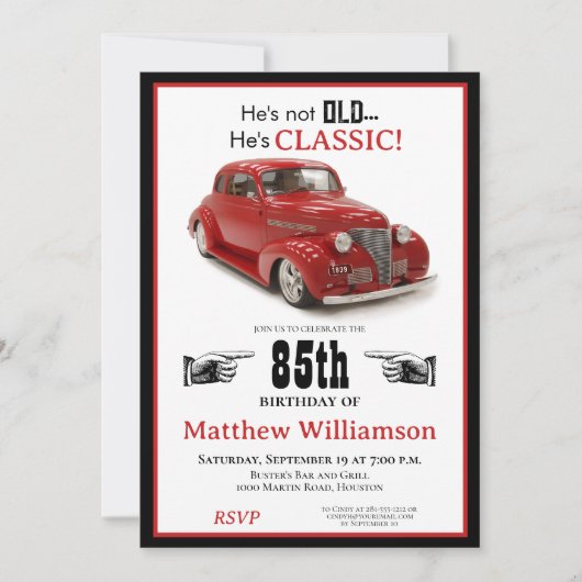 85番目の誕生日は古くないがクラシックレッド1939クーペ 招待状 (正面)