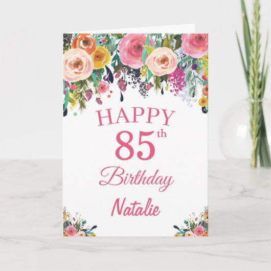 85番目の誕生日水彩フローラフラワーズピンクカード カード (正面)