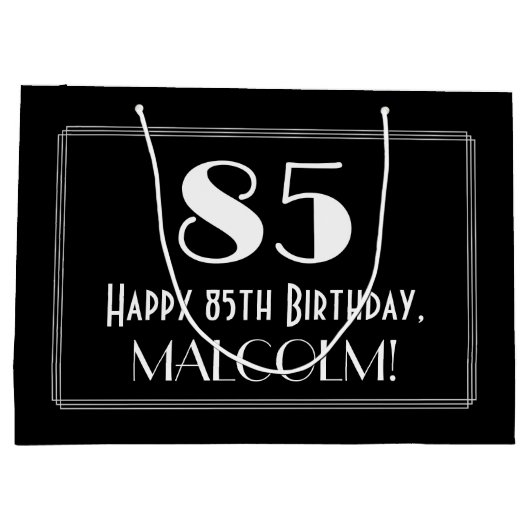 85番目の誕生日:インスパイアアールデコスタイル「85」、名前 ラージペーパーバッグ (裏面)