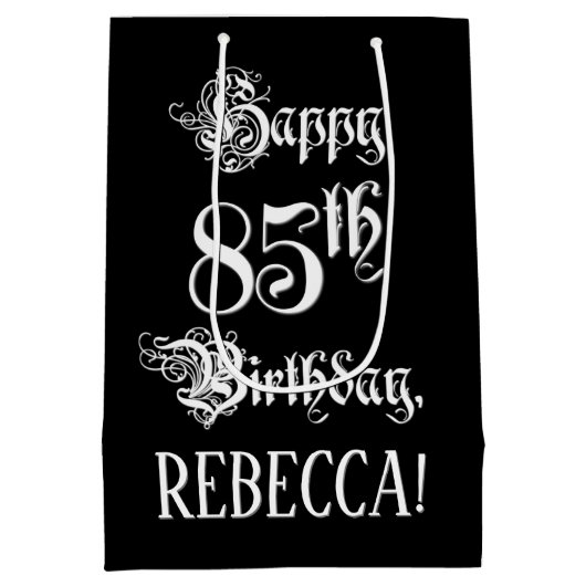 85番目の誕生日: ファンシー、スクリプエレガントト+名前をカスタムする ミディアムペーパーバッグ (裏面)
