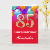85誕生日の赤と金ゴールドカラフル風船 カード (黄色い花)