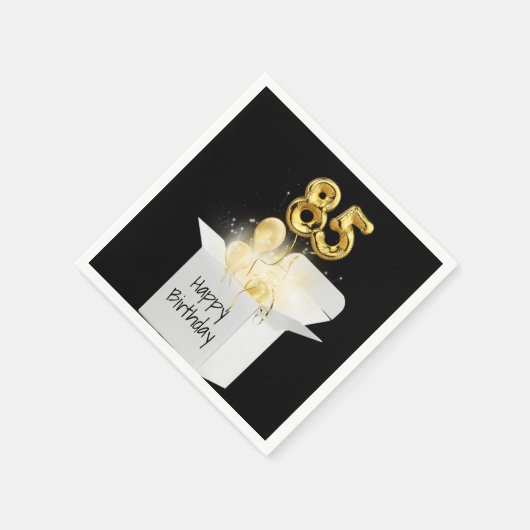 85誕生日の金ゴールドバルーンを白いボックスで表示 スタンダードカクテルナプキン (角)