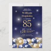 85誕生日サプライズネイビーブルー金ゴールドバルーン 招待状 (正面)