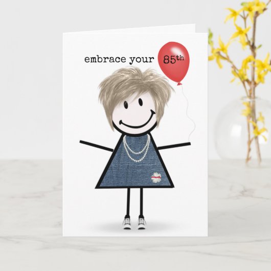 85誕生日スティックフィギュア赤気球 カード (黄色い花)