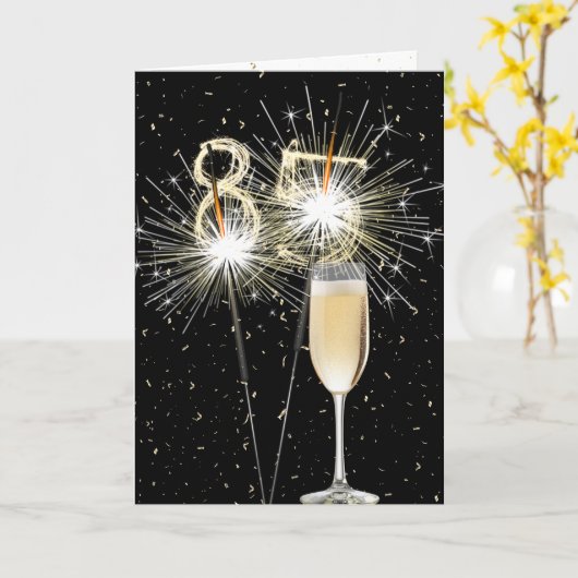 85誕生日スパークラーズと白ワイン カード (黄色い花)