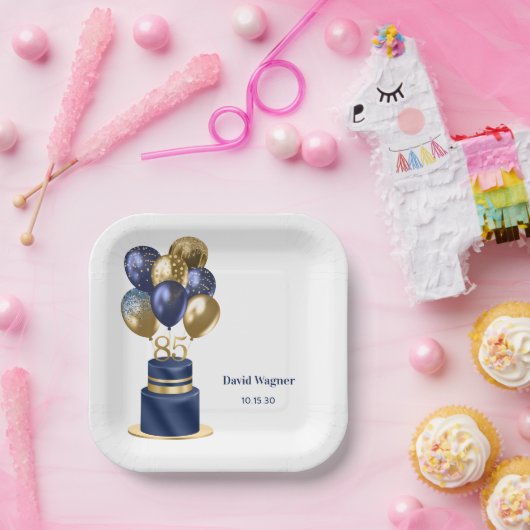 85誕生日ネイビーブルーケーキ ペーパープレート (パーティー)