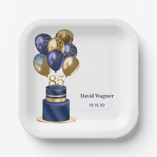 85誕生日ネイビーブルーケーキ ペーパープレート (正面)