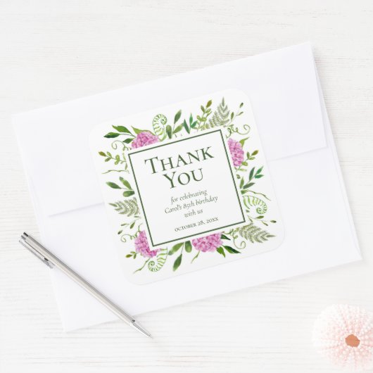 85誕生日ピンクアジサイありがとうステッカー スクエアシール (封筒)