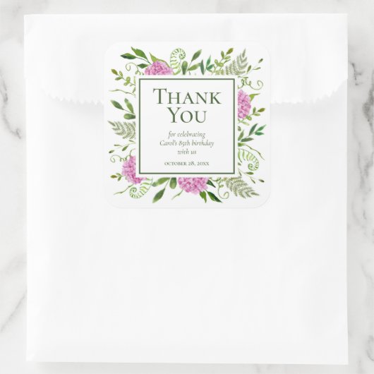 85誕生日ピンクアジサイありがとうステッカー スクエアシール (バッグ)