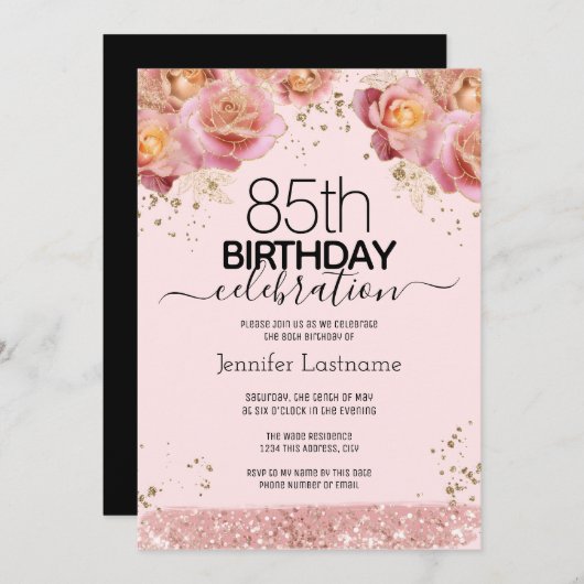 85誕生日ピンクグリッターフローラ招待状 招待状 (正面/裏面)