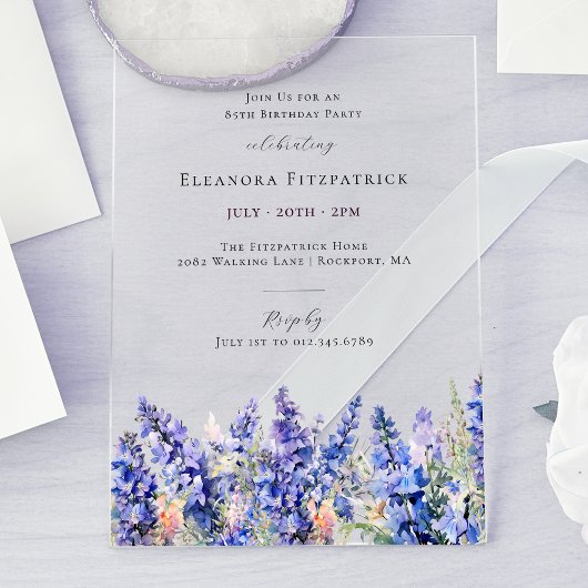 85誕生日ブルーラークスパー7月誕生花 アクリル招待状