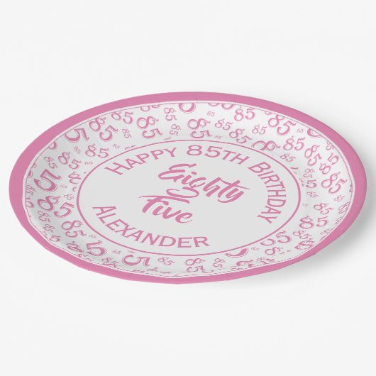 85誕生日乱数パターンピンク/白 ペーパープレート (アングル)