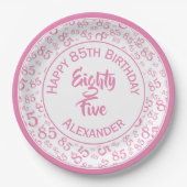 85誕生日乱数パターンピンク/白 ペーパープレート (正面)