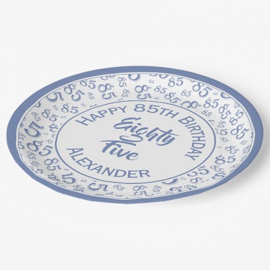 85誕生日乱数パターンブルー/ホワイト ペーパープレート (アングル)