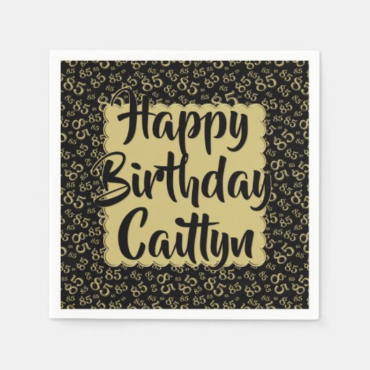 85誕生日乱数パターン金ゴールド/黒 スタンダードカクテルナプキン (正面)