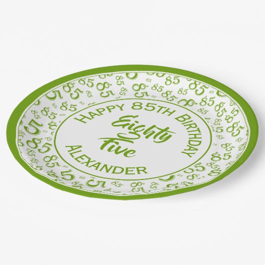 85誕生日乱数パターン(緑/白) ペーパープレート (アングル)