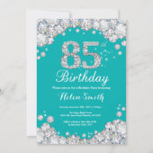 85誕生日招待状ティール（緑がかった色）及びシルバーダイヤモンド 招待状 (正面)