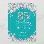 85誕生日招待状ティール(緑がかった色)及びシルバーダイヤモンド 招待状 (正面/裏面)