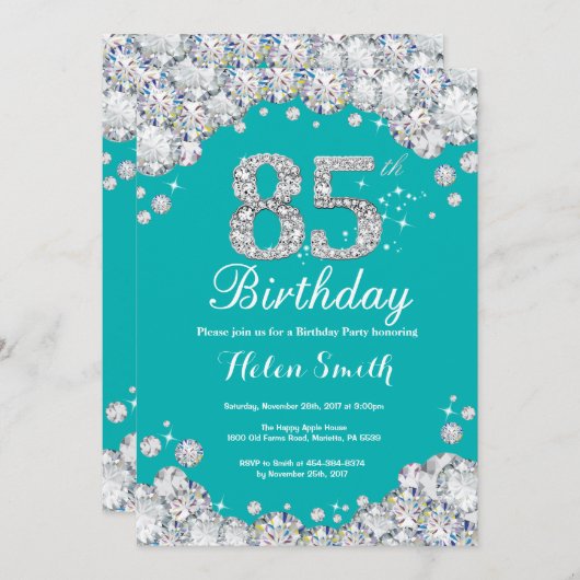 85誕生日招待状ティール（緑がかった色）及びシルバーダイヤモンド 招待状 (正面/裏面)